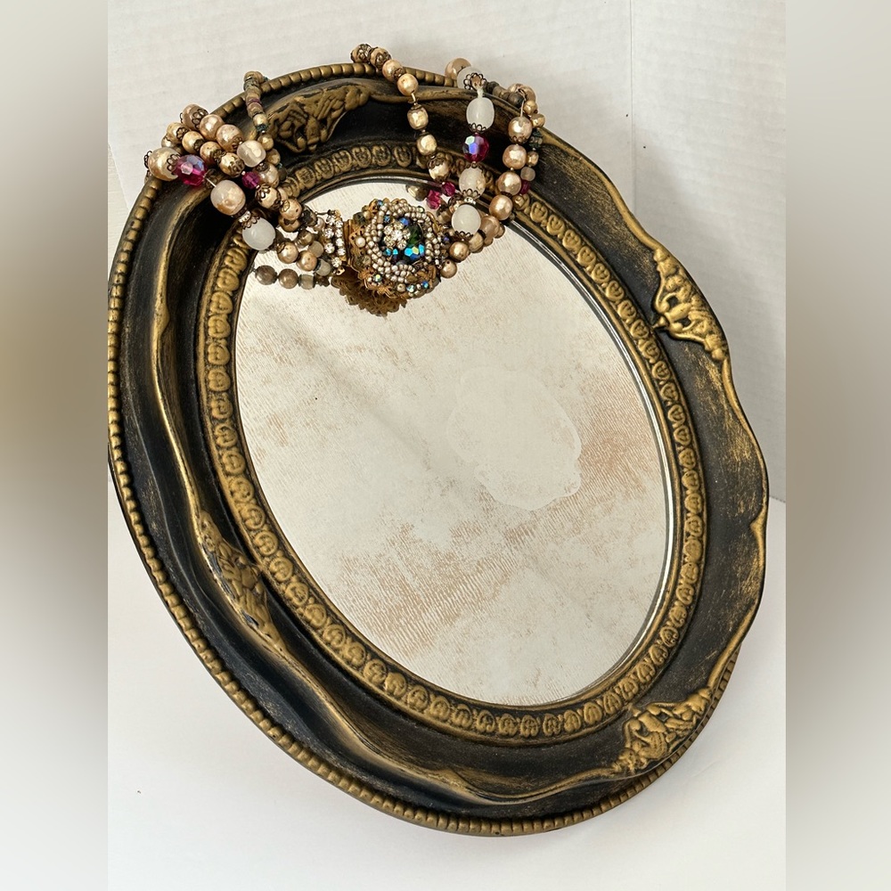 Gorgeous Vintage Mirror in Black & Burnished Gold with kick-stand on back